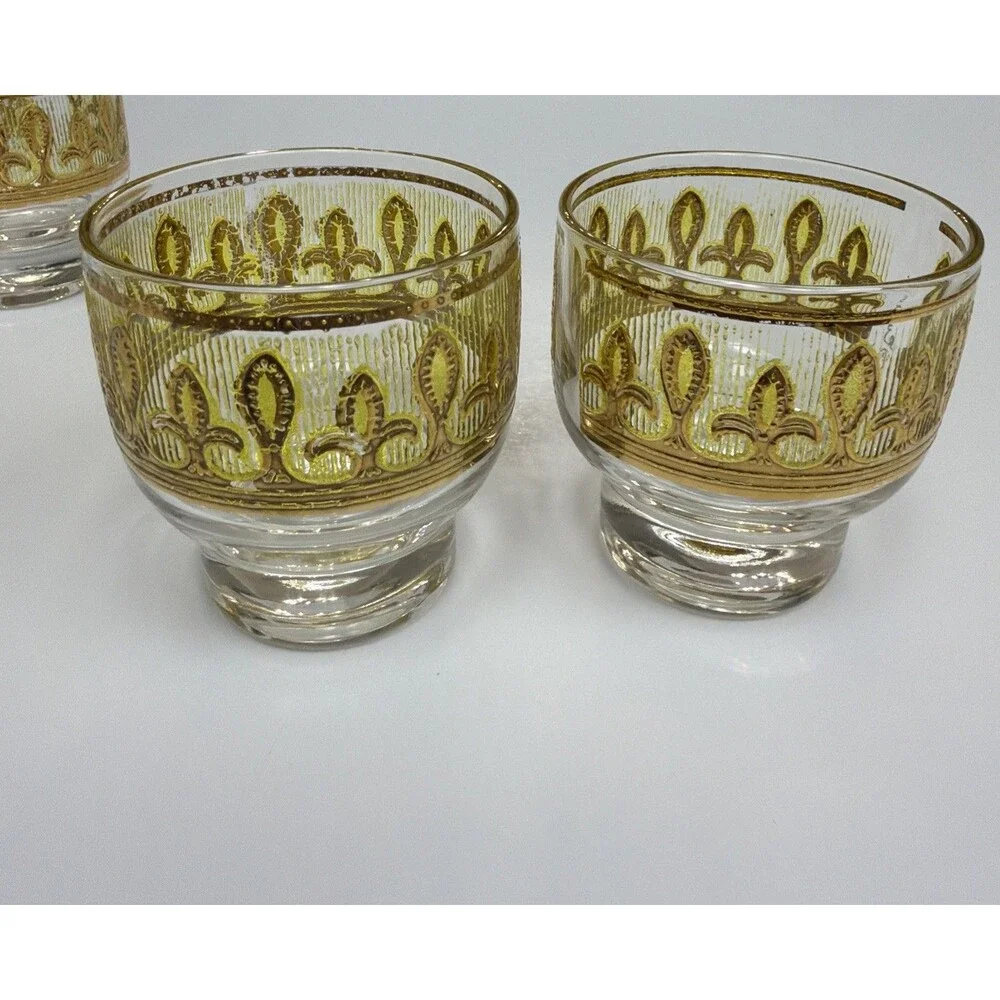 MCM Culver Fleur De Lis Lowball Glasses Set of 4 22KG Gold Citrine Yellow 1960s